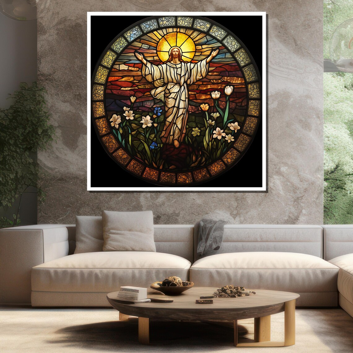 Jesus Stained Glass Window Round Church Floral Religious Art Poster - Image 3
