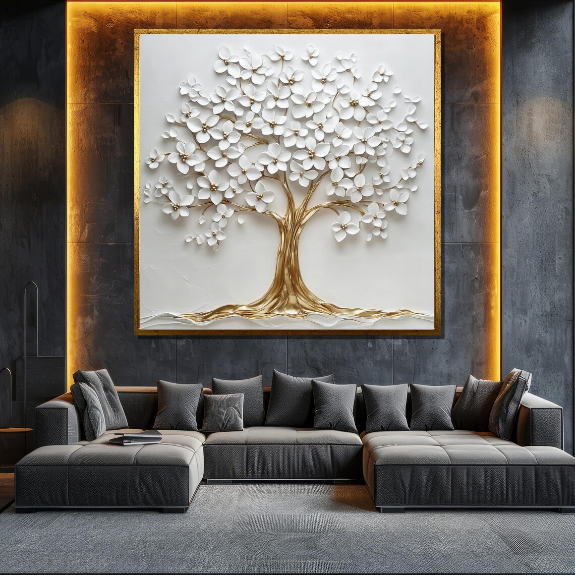 Gold Tree Of Life With White Blossoms 3D Textured Art Poster