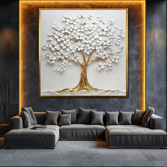 Gold Tree Of Life Painting 3d Textured Wall Art For Living Room Modern Nature Decor Gift