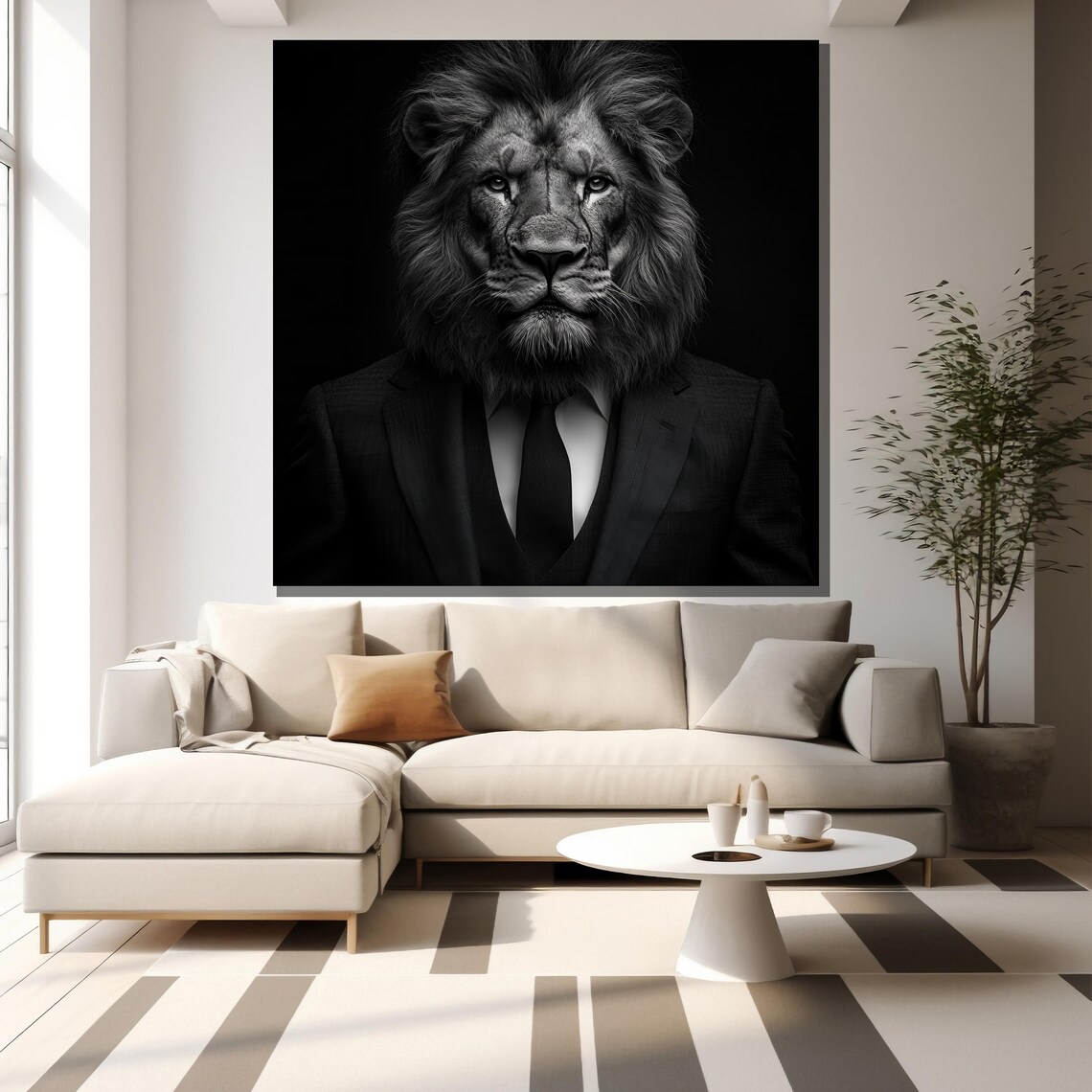 Lion In Suit Black White Boss Portrait Monochrome Funny Wildlife Poster - Image 2