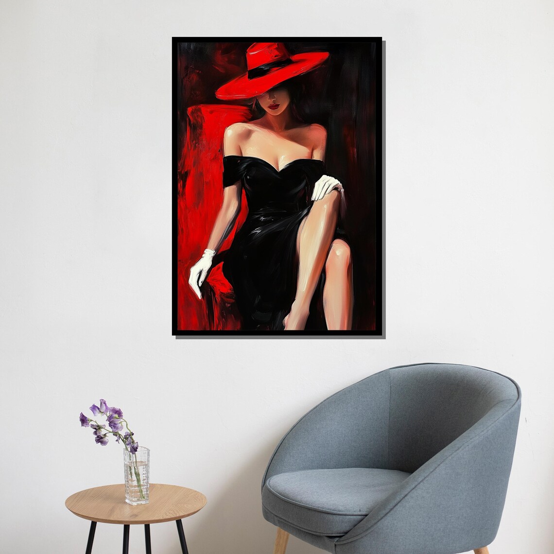 Red Hat Black Dress Woman Elegant Noir Glamour Painting Wall Poster - Image 5