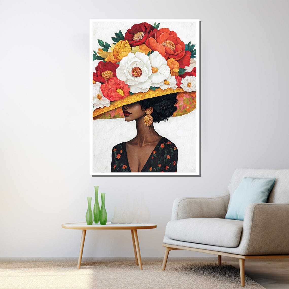 Black Woman Floral Hat Peonies Portrait Elegant Gold Frame Wall Art - Image 3