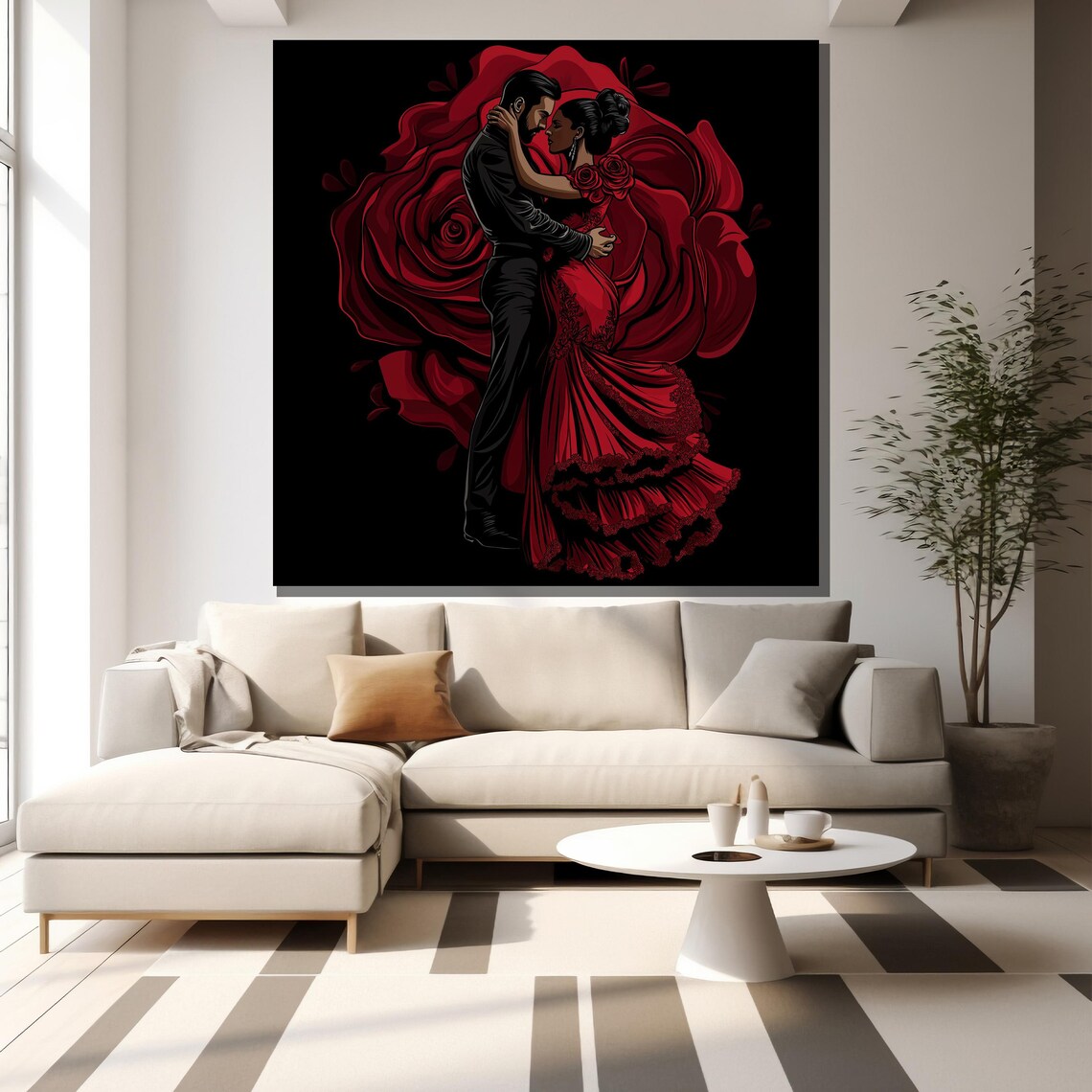 Flamenco Couple Embracing Before Giant Red Rose Graphic Art Poster - Image 2