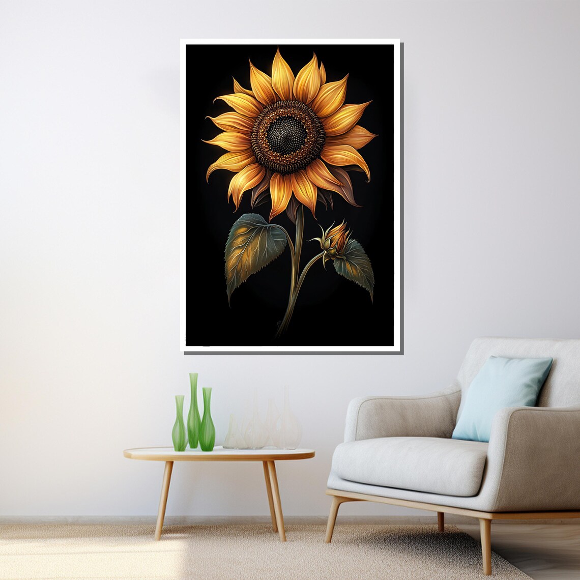 Golden Sunflower With Bud On Black Background Modern Art Poster - Image 3