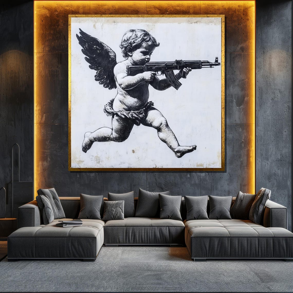 Armed Cherub Painting Bold Graffiti Inspired Wall Art Modern Black And White Artwork Unique Home Decor Gift