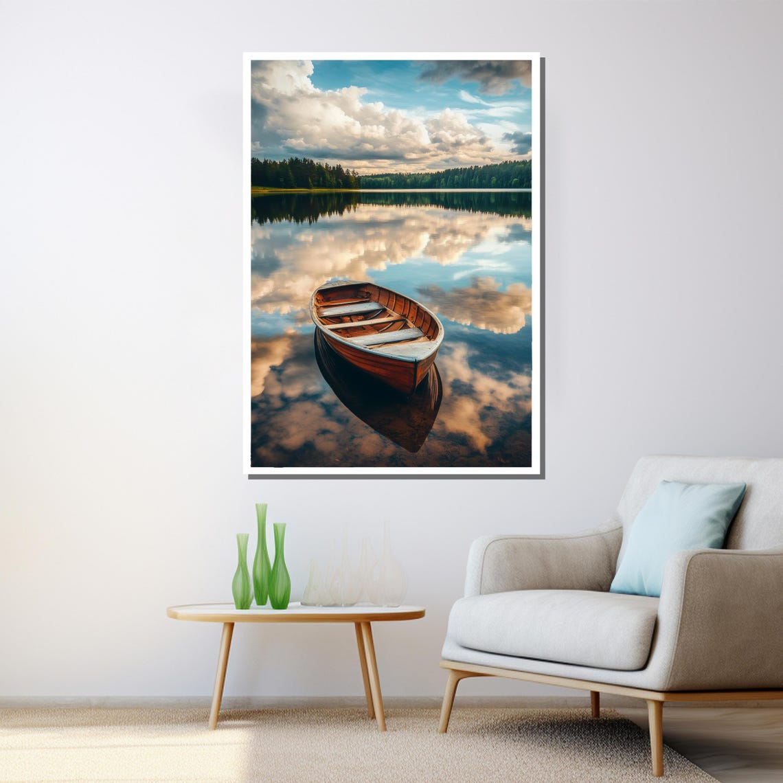Serene Lake Boat Painting Peaceful Water Reflection Wall Art Nature Landscape Artwork Tranquil Home Decor Gift - Image 3