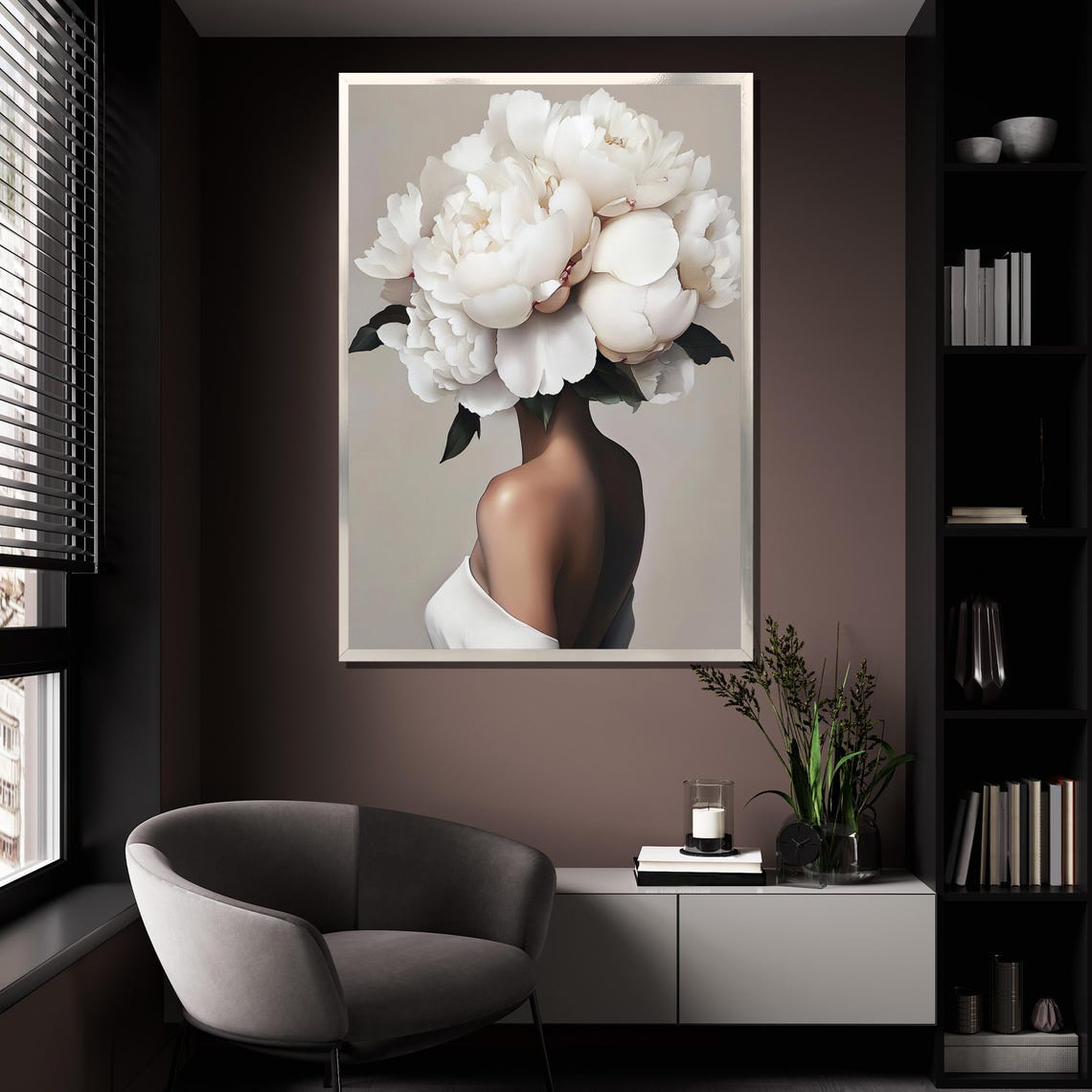 White Peony Flower Head Surreal Woman Back View Elegant Wall Art Print - Image 4