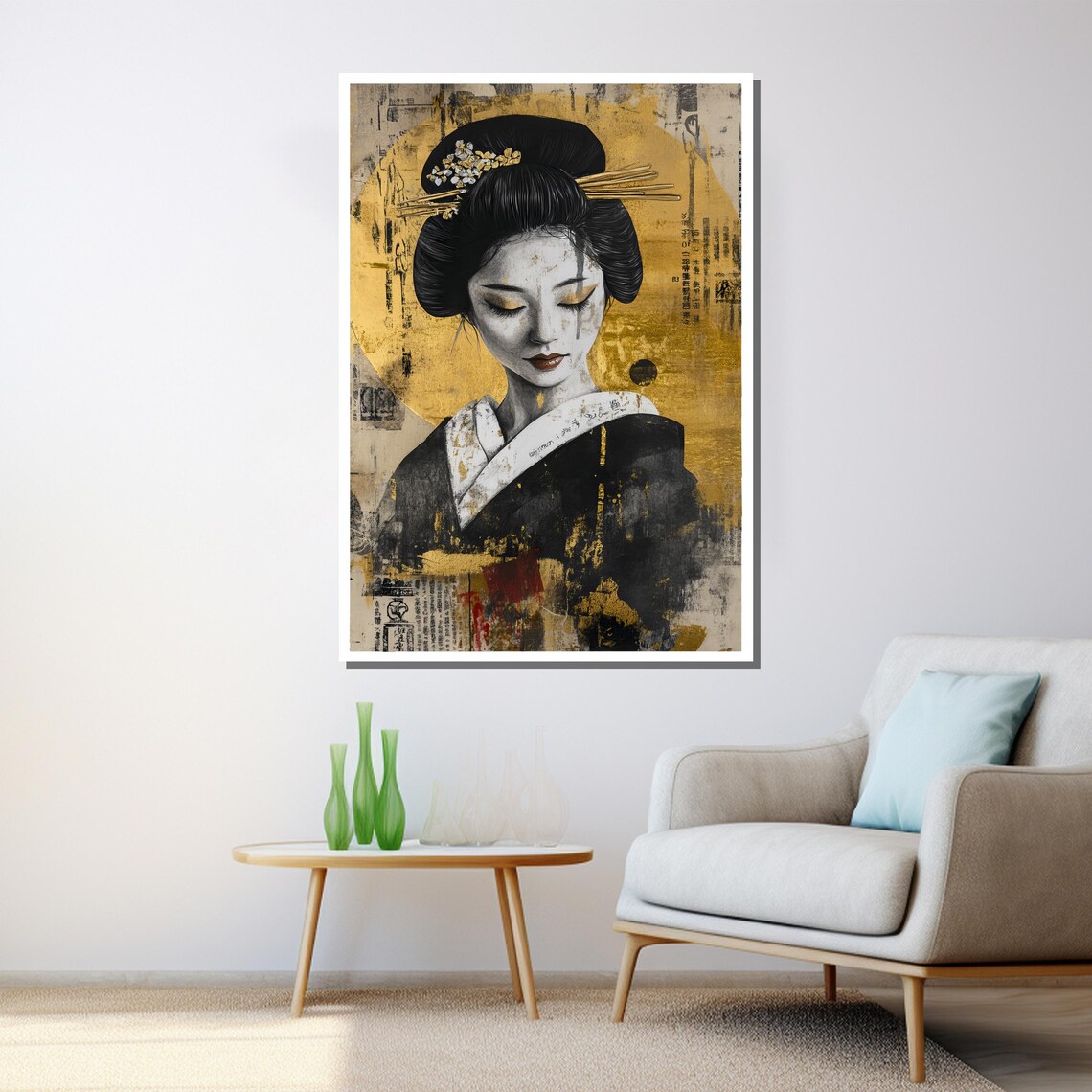 Golden Geisha Black Gold Ink Painting Elegant Japanese Art Poster - Image 3