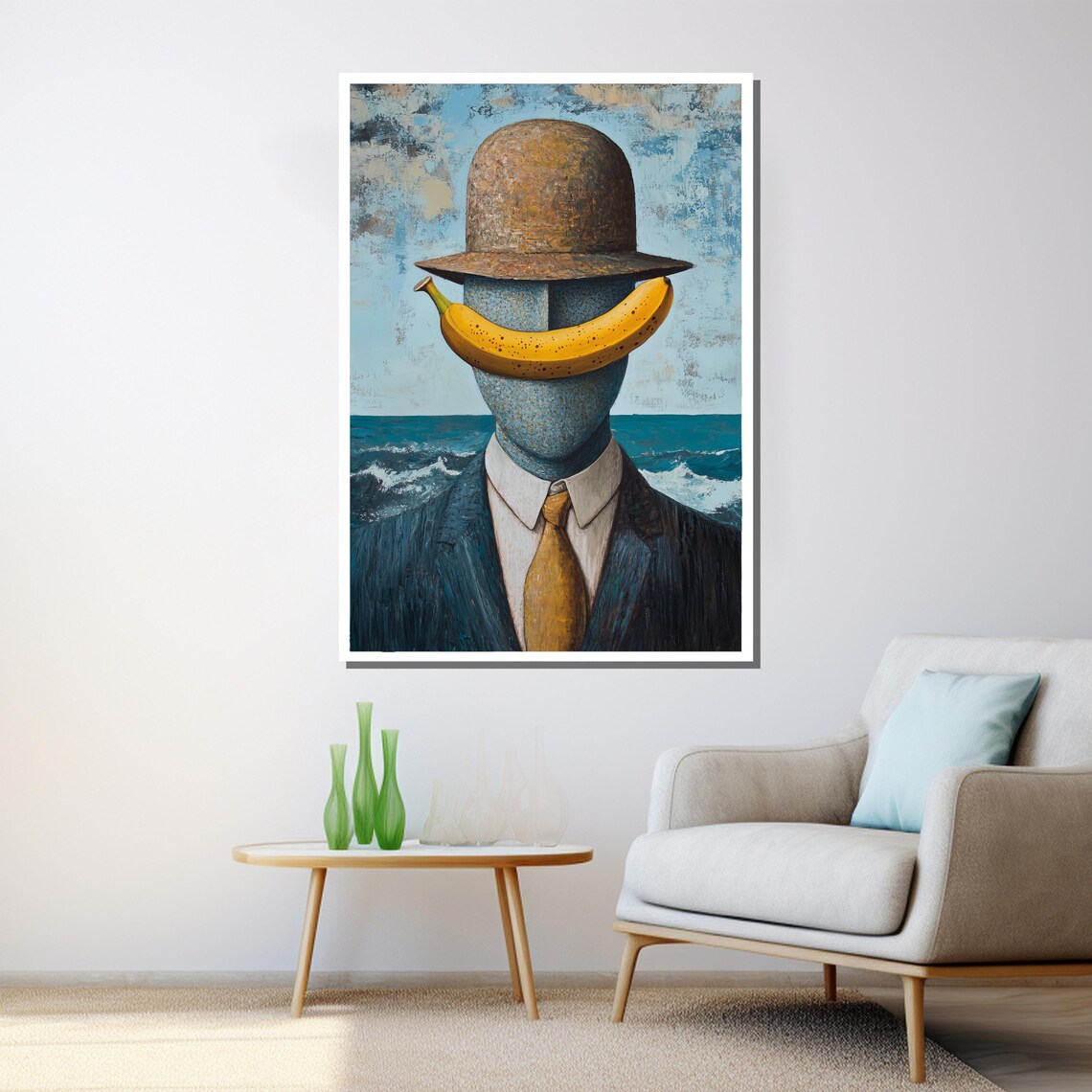 Bowler Hat Man With A Banana Smile By The Ocean Surreal Poster - Image 3