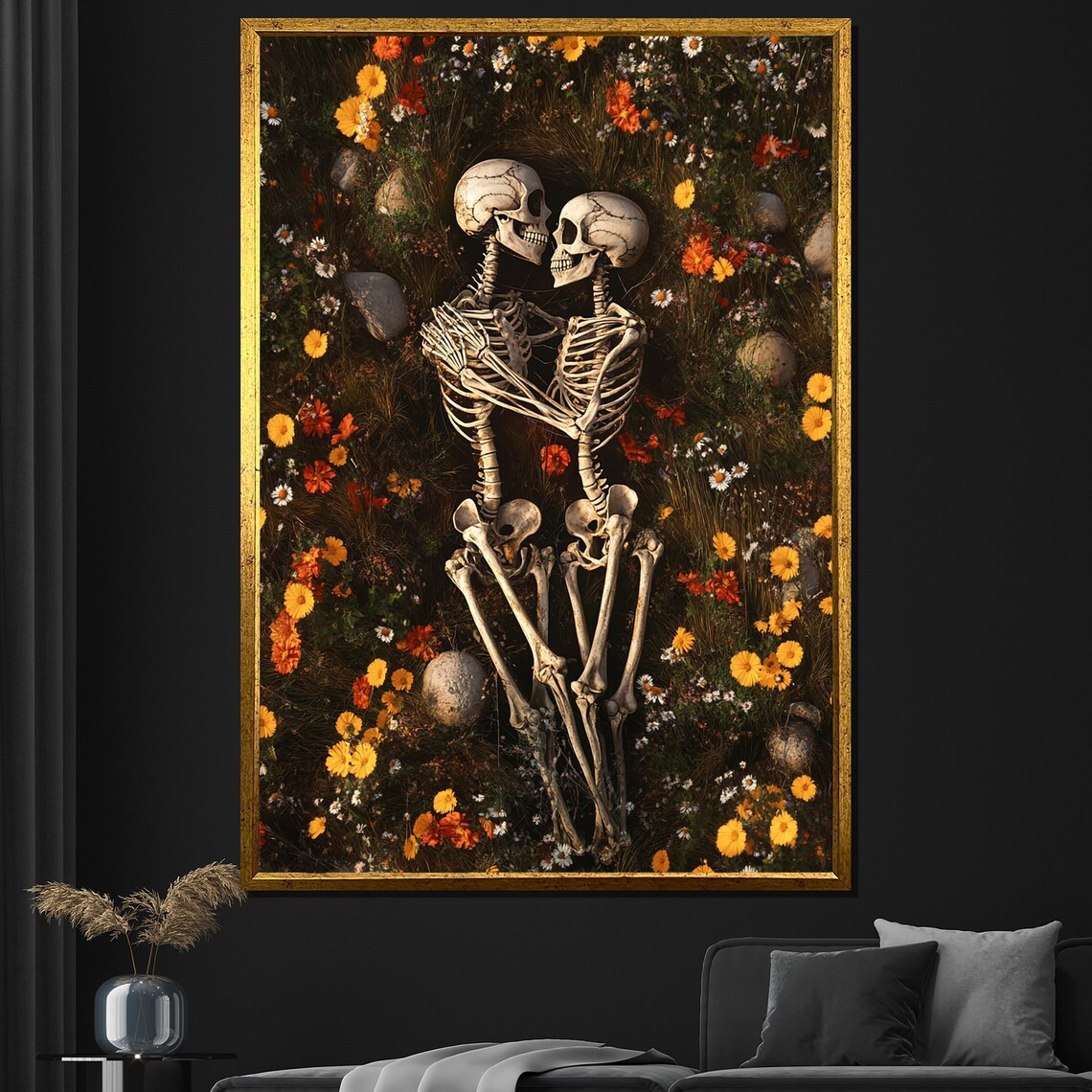 Two Skeletons Embracing In A Wildflower Field Surreal Art Poster