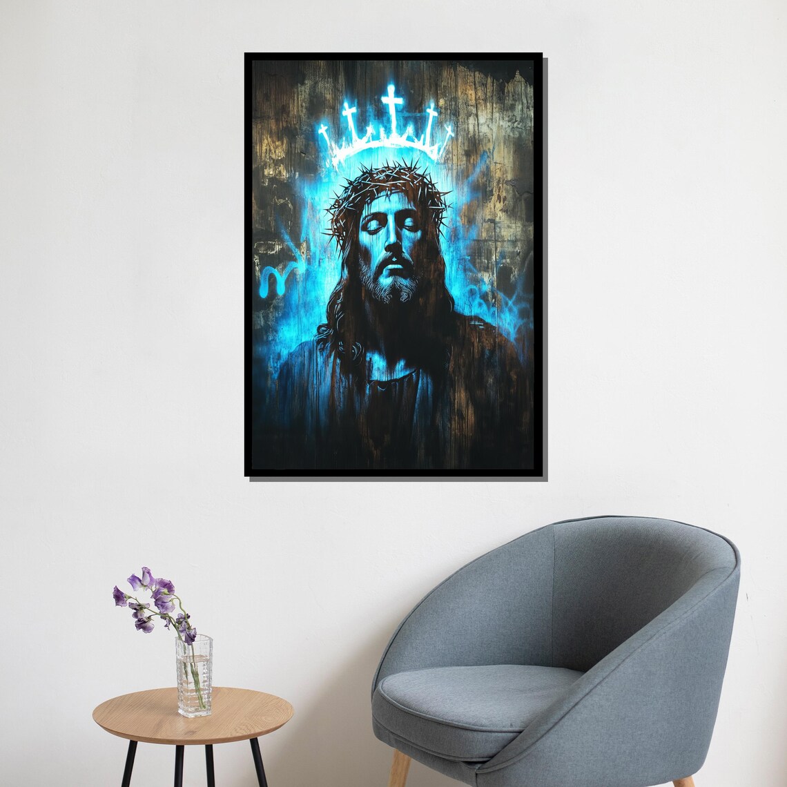Jesus Crown Of Thorns Blue Neon Spiritual Portrait Wall Art Poster - Image 5