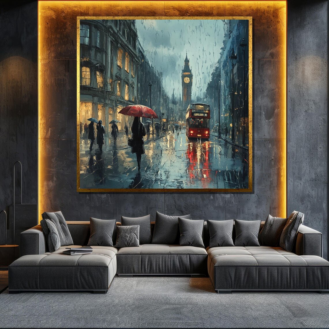 London Rainy Street Big Ben Red Bus Red Umbrella Romantic City Poster