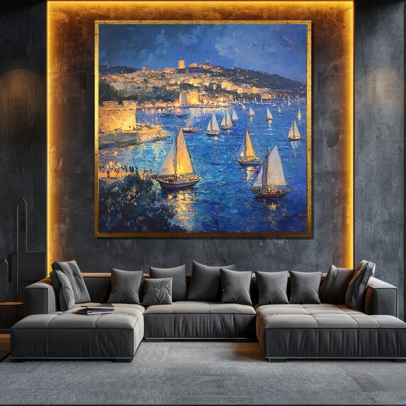 Sailing Boats In Mediterranean Night Painting Coastal Wall Art For Nautical Home Decor