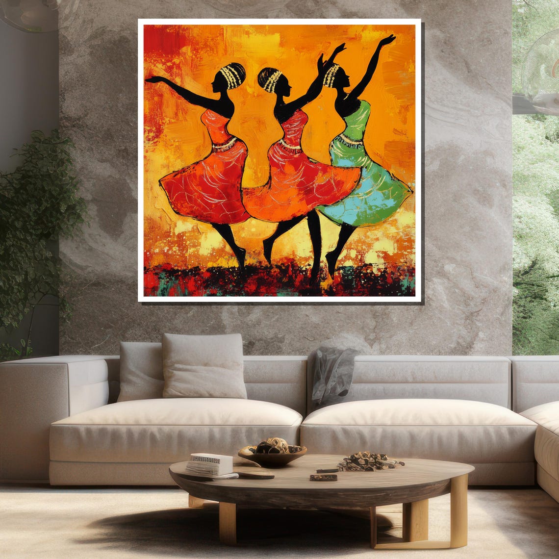 African Women Dancing Painting Vibrant Tribal Wall Art Colorful Textured Oil Painting For Living Room Decor Gift For Art Lovers - Image 3