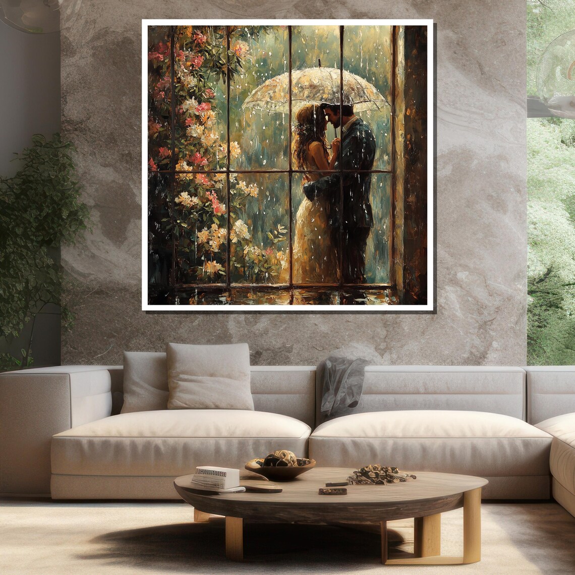 Romantic Couple Rainy Window Umbrella Kiss Floral Painting Wall Poster - Image 3