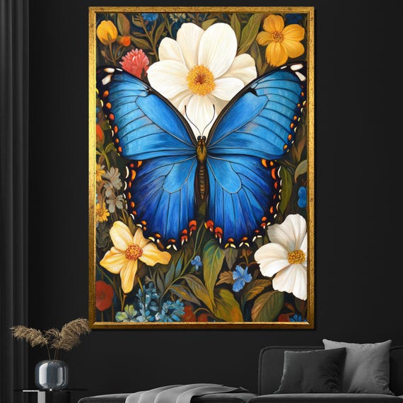 Blue Butterfly Painting Floral Wall Art For Living Room Large Nature Artwork Gift For Butterfly Lovers