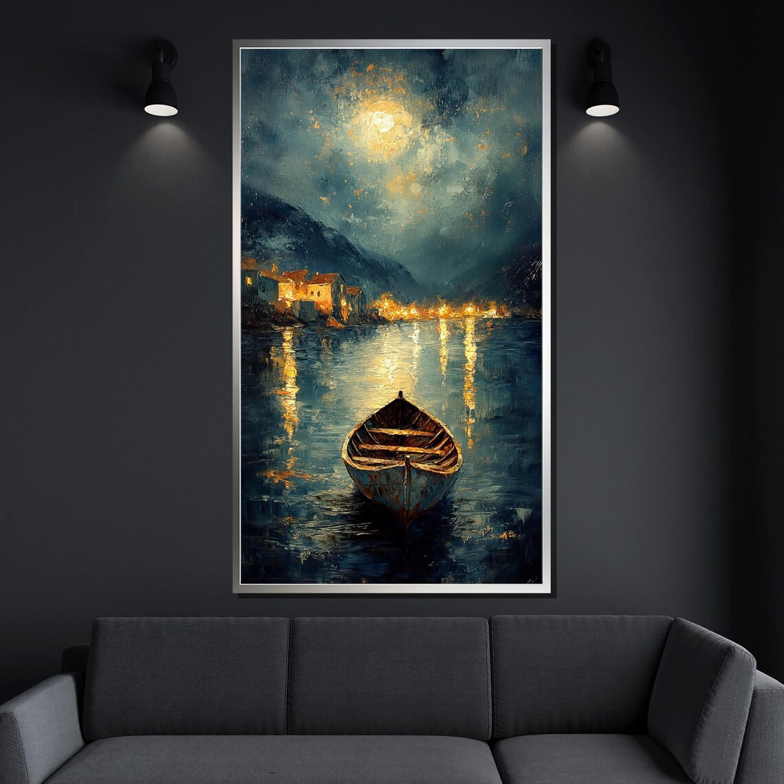 Moonlit Wooden Boat Night Lake Village Lights Serene Night Poster - Image 4