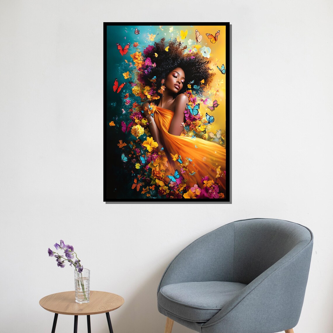 African Woman Butterfly Floral Portrait Vibrant Orange Dress Wall Art - Image 5