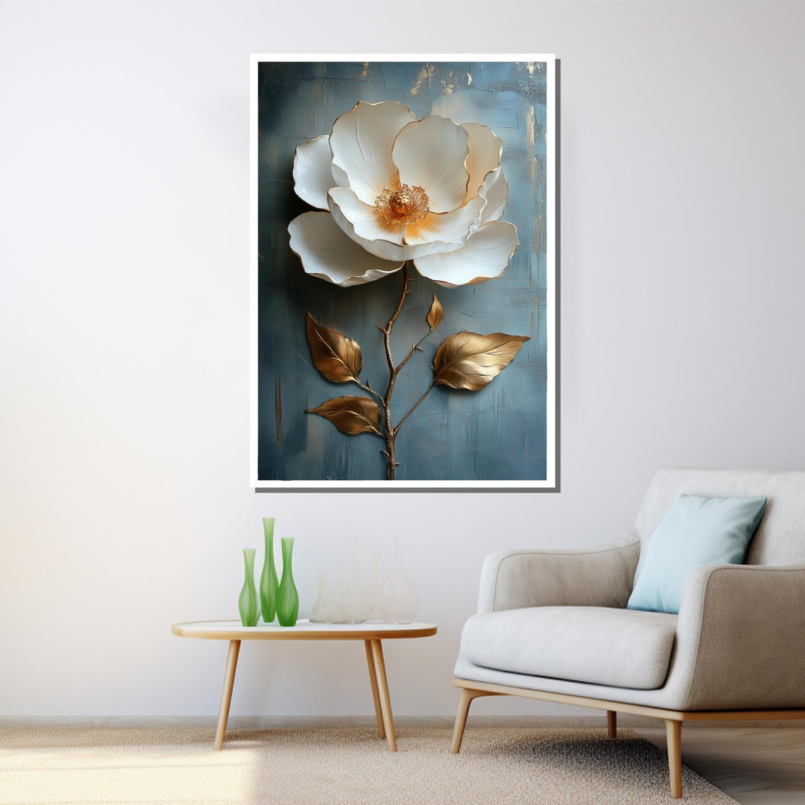 White Gold Flower Textured Painting Blue Background Elegant Wall Art - Image 3