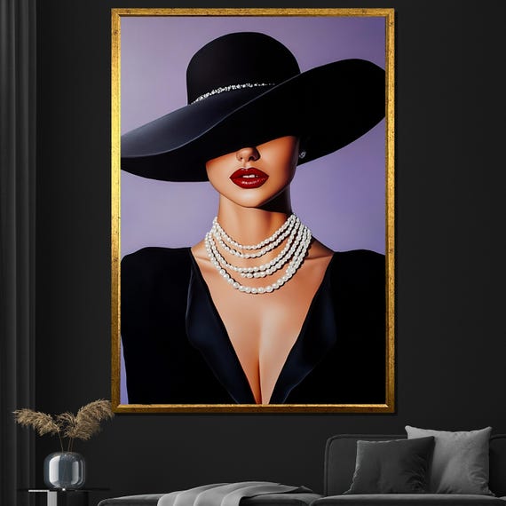Elegant Woman Painting Modern Wall Art Black Hat And Pearls Large Wall Decor Unique Gift For Fashion Lovers
