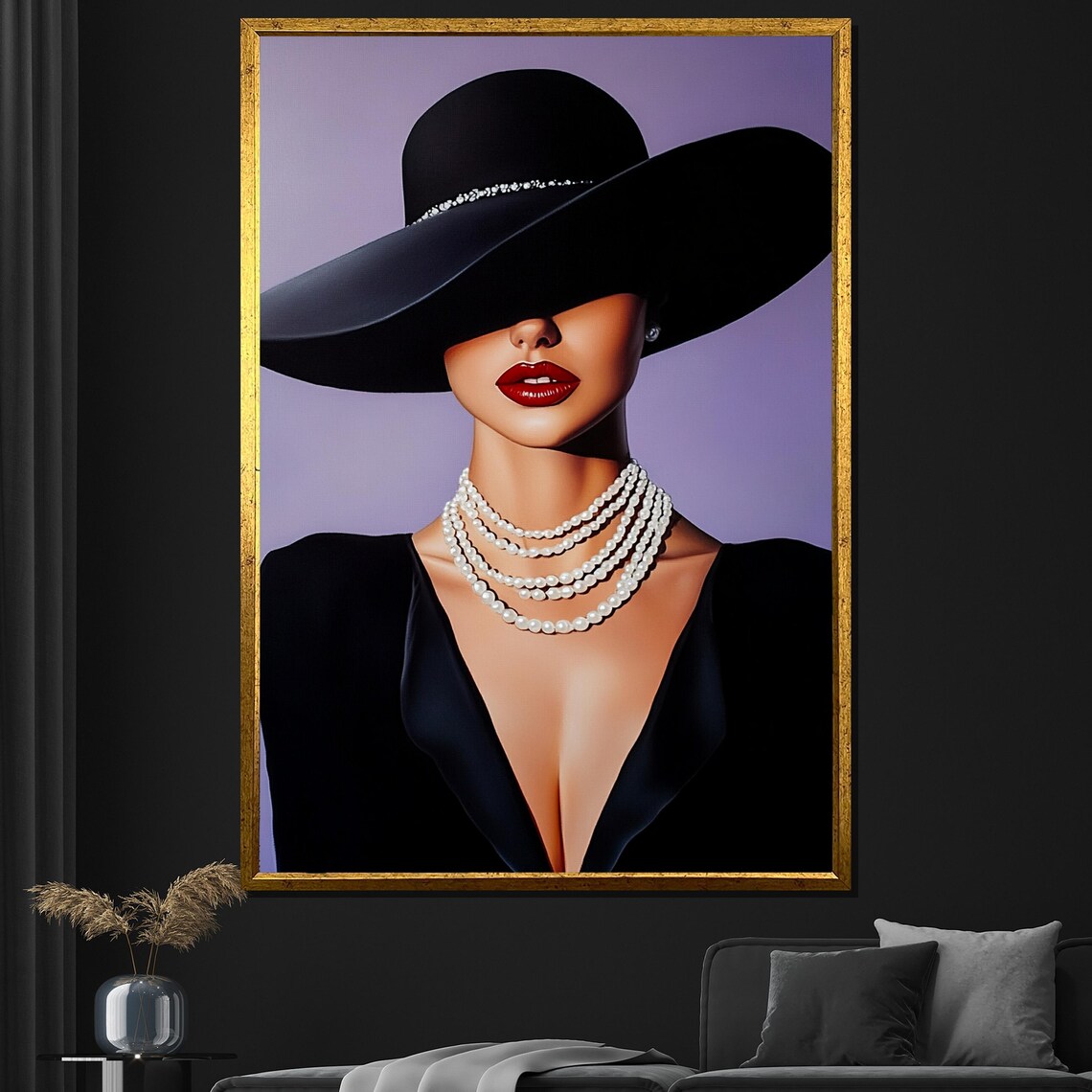 Black Hat Pearl Necklace Woman Red Lips Modern Fashion Art Wall Poster