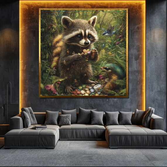Cute Baby Raccoon Collecting Bottle Caps Forest Birds Wildlife Poster
