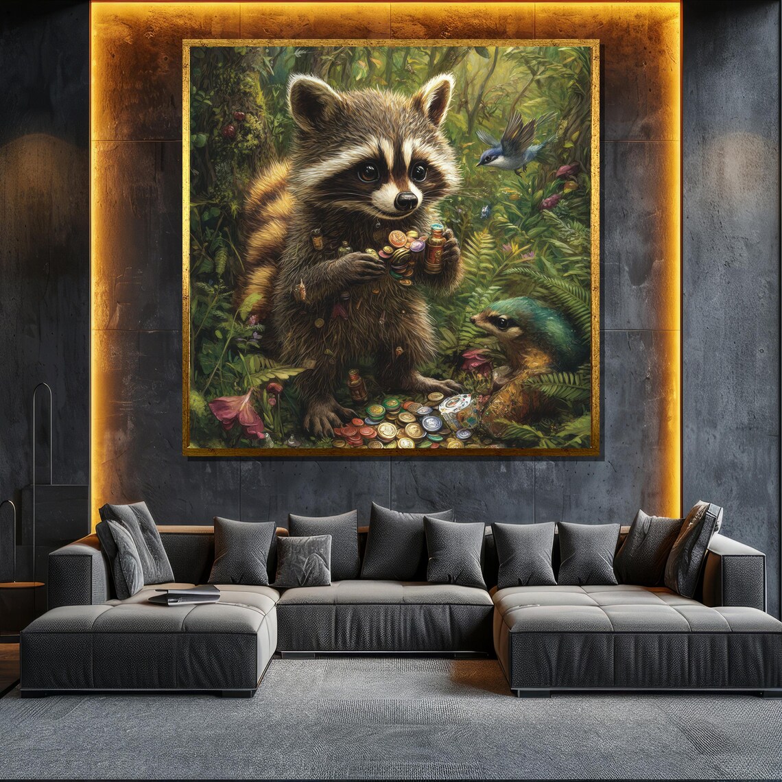Cute Baby Raccoon Collecting Bottle Caps Forest Birds Wildlife Poster