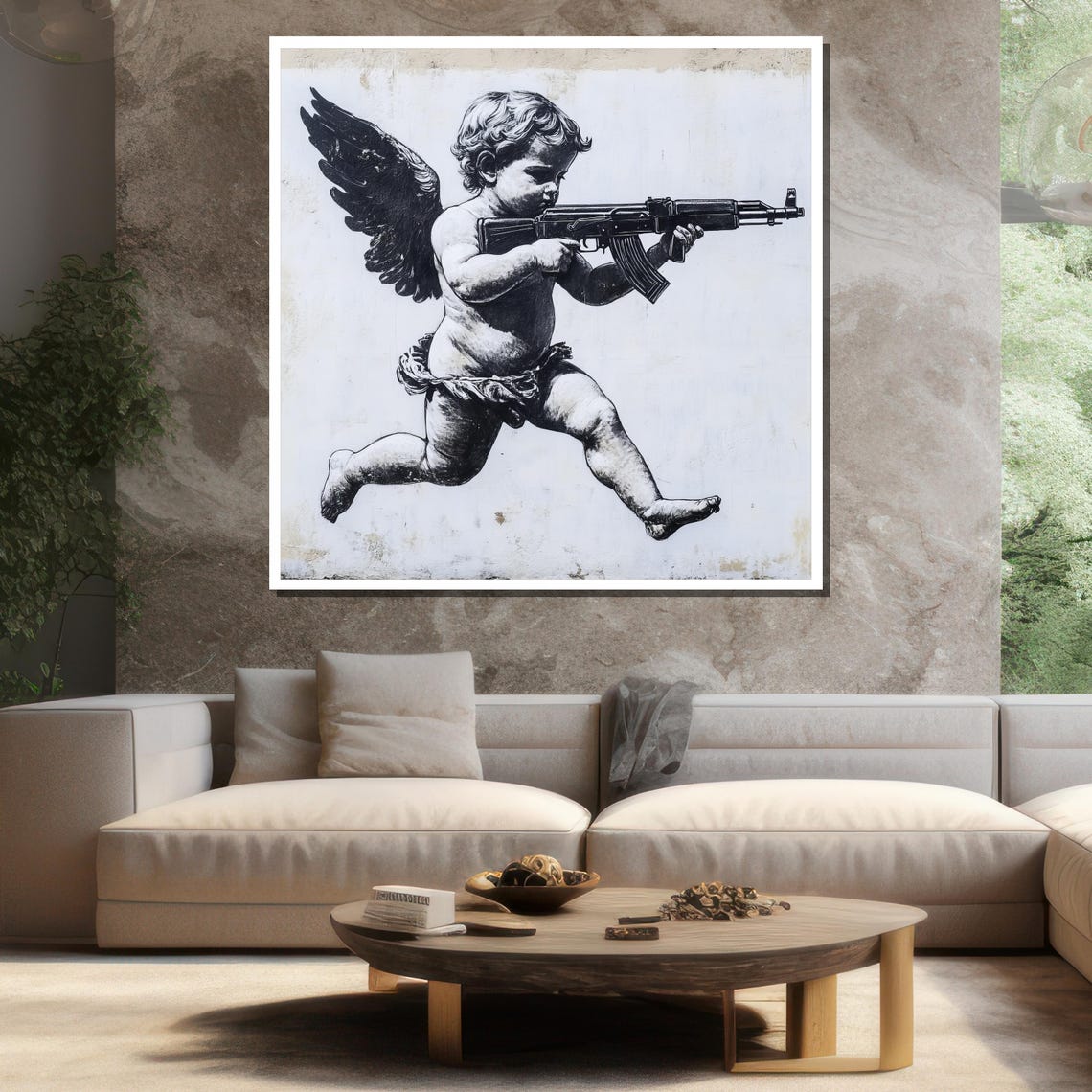 Armed Cherub Painting Bold Graffiti Inspired Wall Art Modern Black And White Artwork Unique Home Decor Gift - Image 3