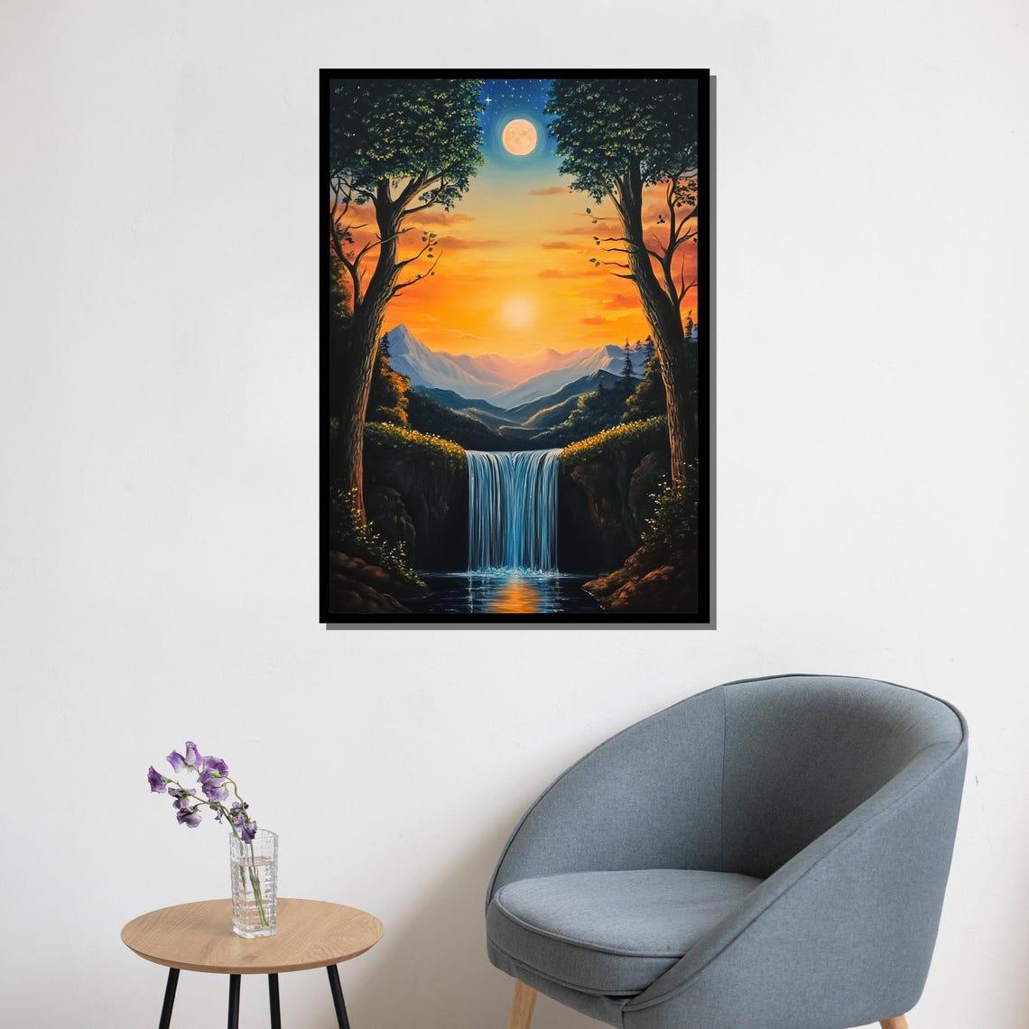 Sunset Waterfall Mountains Moonlit Sky Serene Nature Painting Poster - Image 5