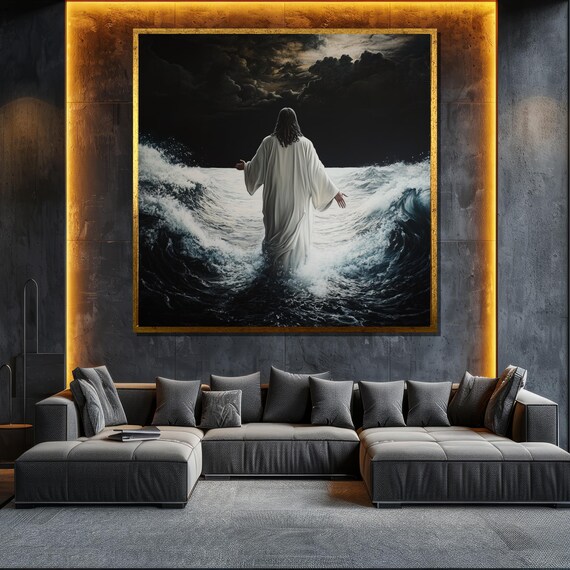 Jesus Walking On A Dark Stormy Sea At Night Religious Poster