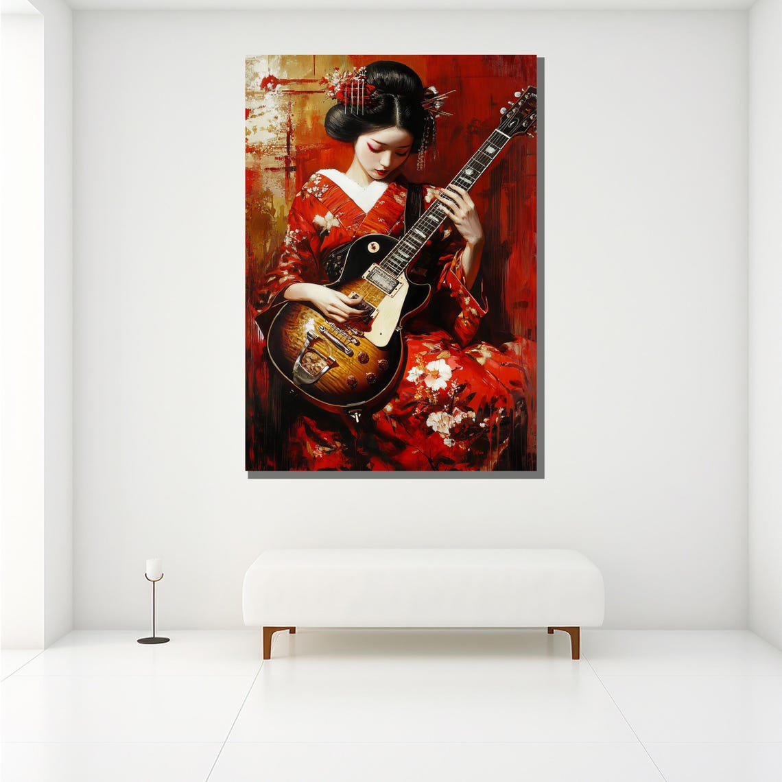 Geisha Playing Electric Guitar In Red Kimono Modern Art Poster - Image 2