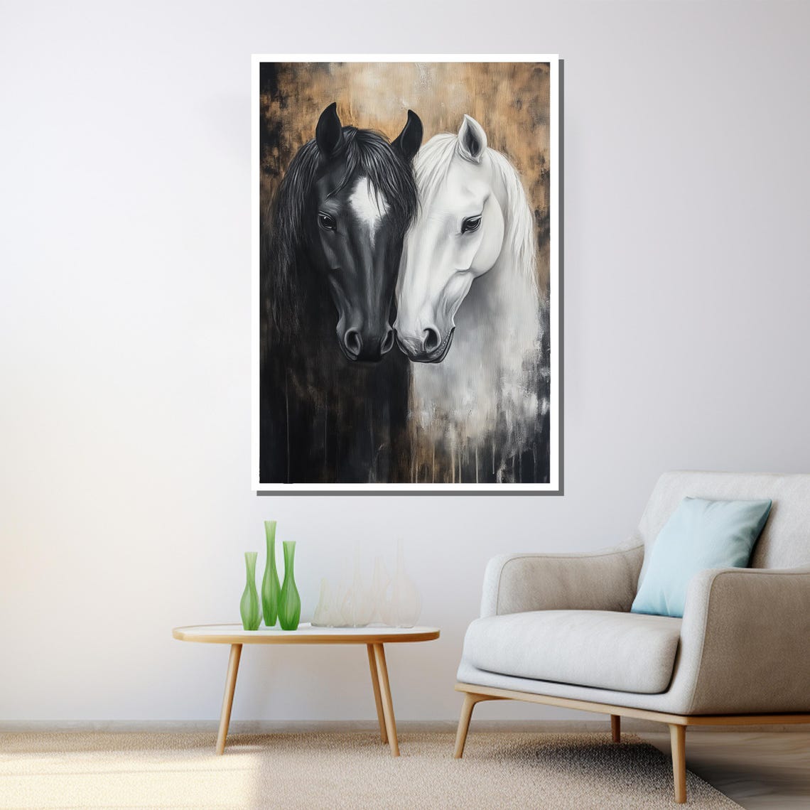 Black White Horses Nuzzling Elegant Equine Couple Portrait Wall Art - Image 3