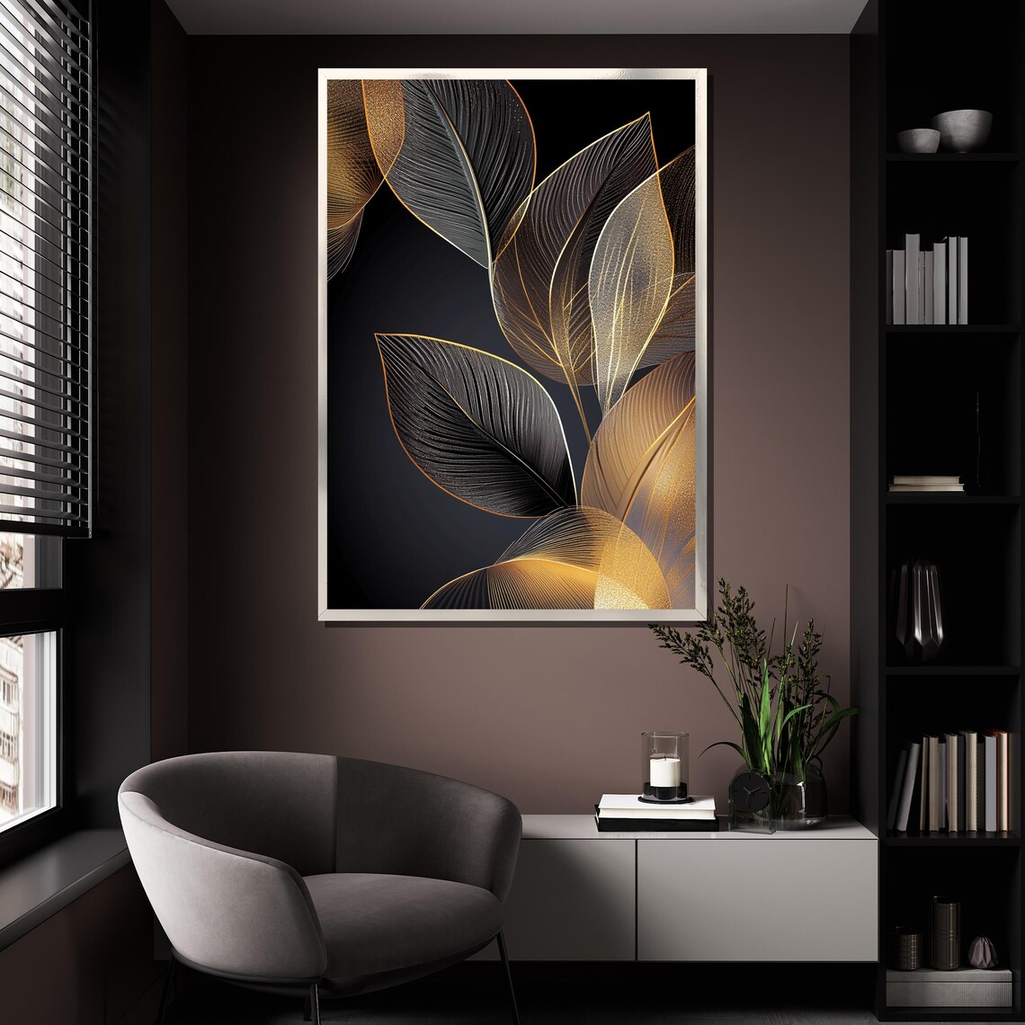 Gold and Black Leaf Painting, Modern Abstract Art Print - Image 4