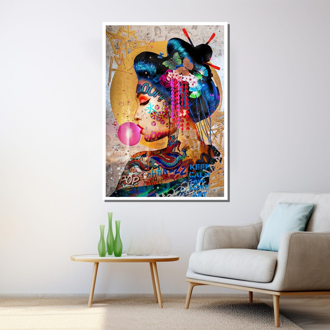 Pop Art Geisha Blowing Pink Bubblegum Bubble Graffiti Wall Poster - Image 3