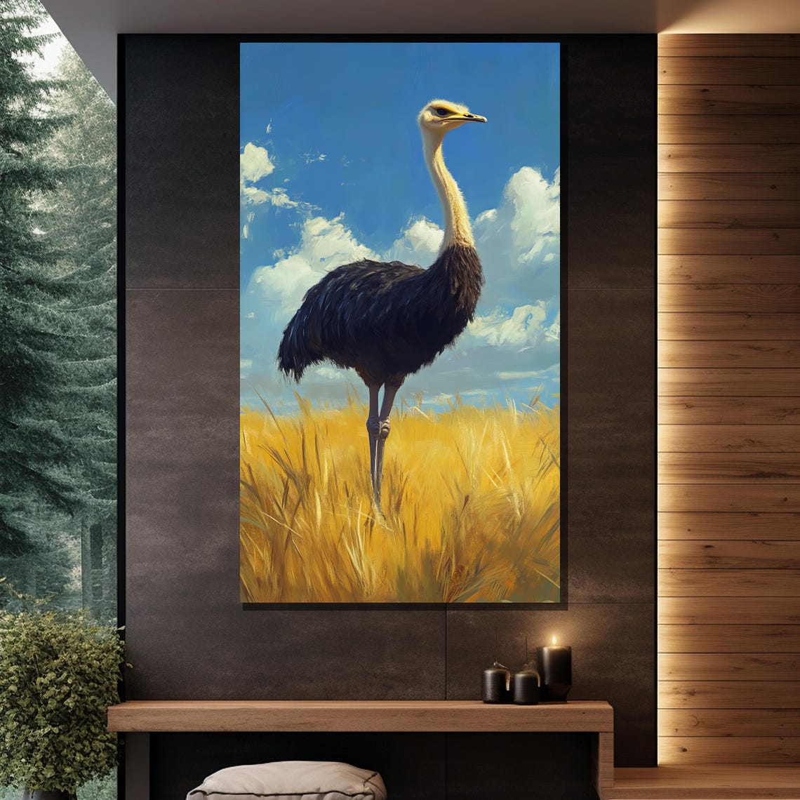 Ostrich Golden Wheat Field Tall Bird Blue Sky Savannah Wall Art - Image 2