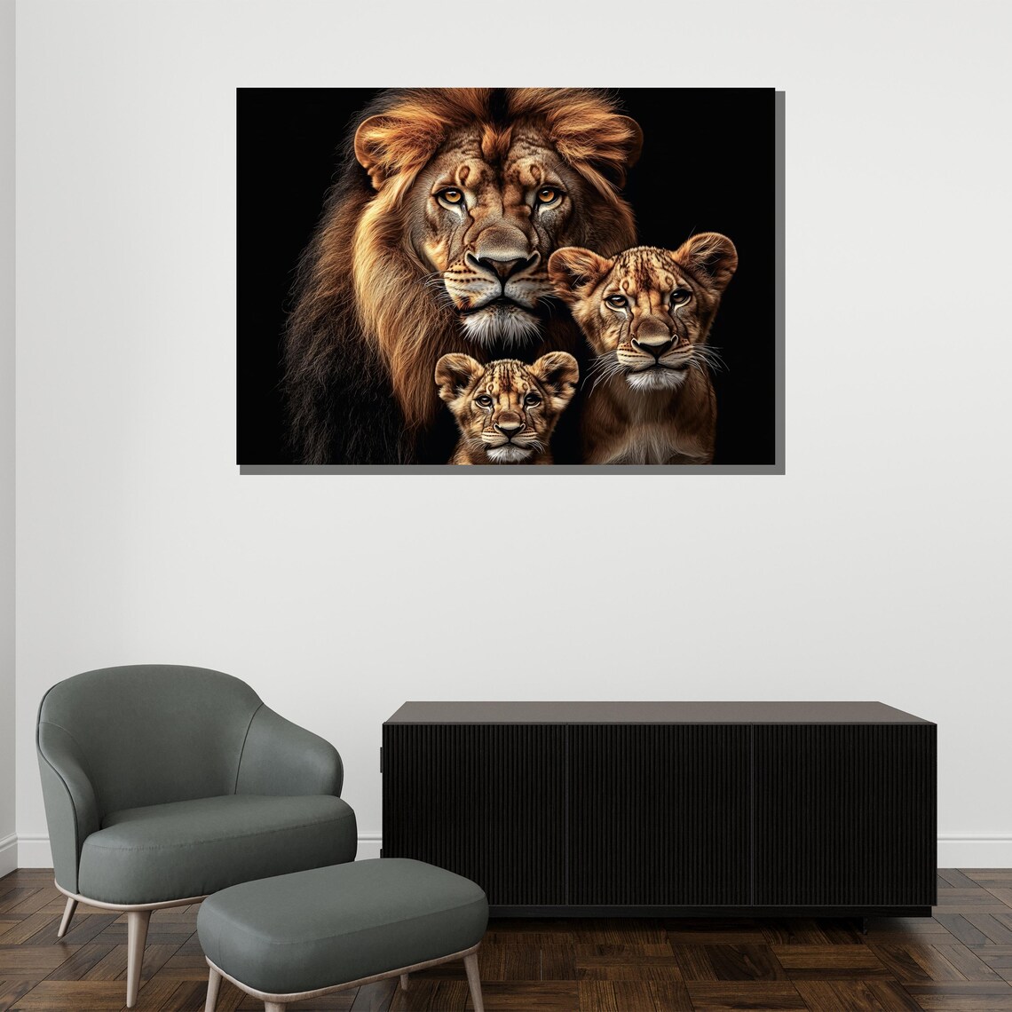 Lion Family Portrait Father Mother Cub Painting Wildlife Nature King Wall Art Poster - Image 2