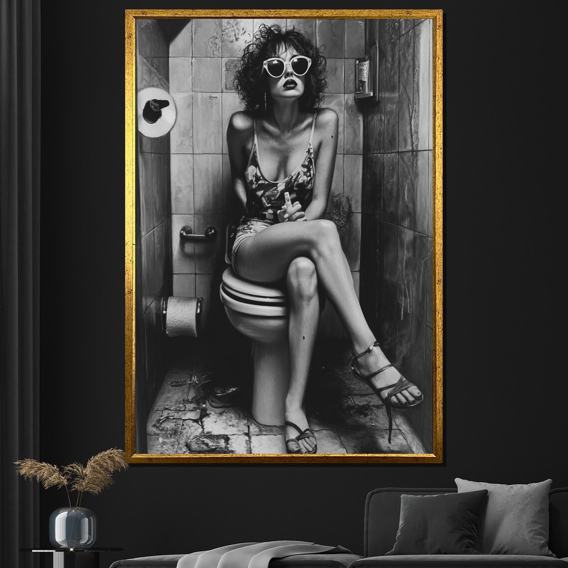 Edgy Woman Sunglasses Black White Bathroom Portrait Bold Art Wall Poster