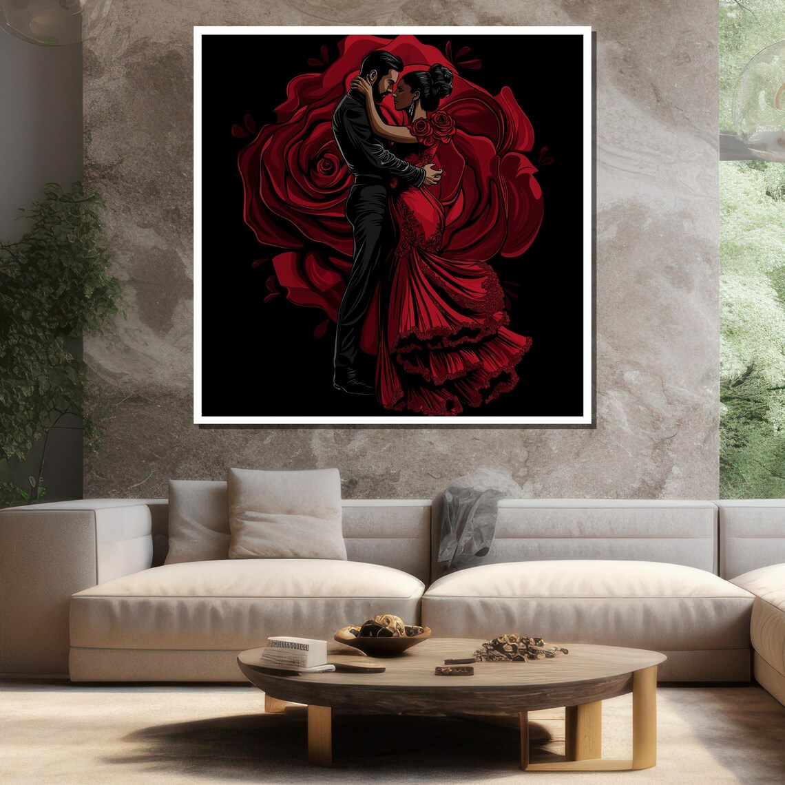 Flamenco Couple Embracing Before Giant Red Rose Graphic Art Poster - Image 3