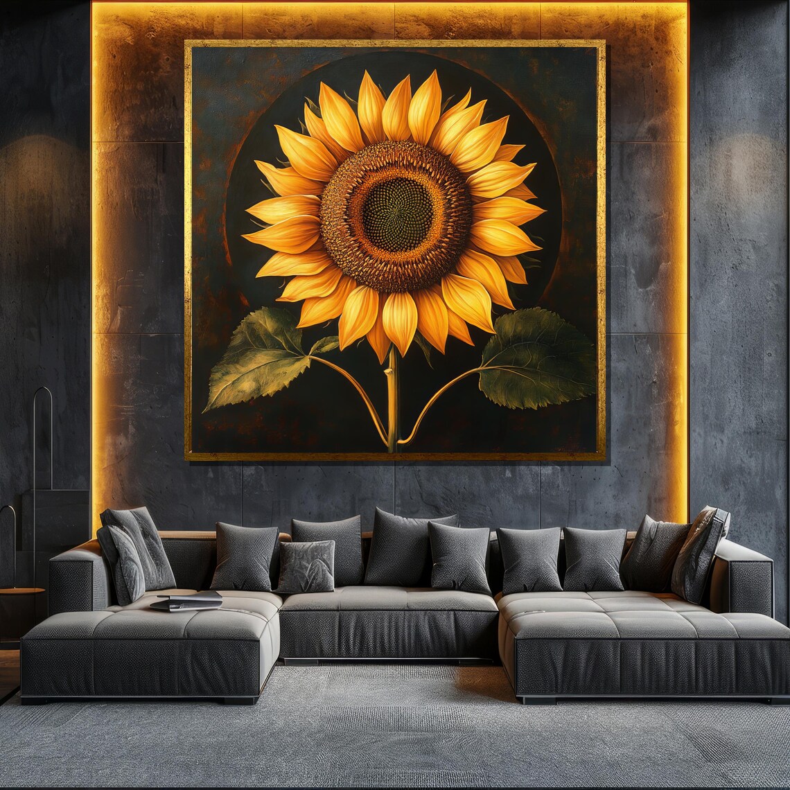Glowing Sunflower On Dark Background Golden Halo Floral Art Poster