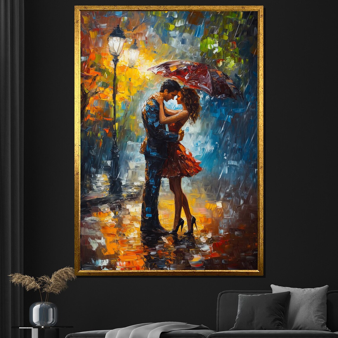 Romantic Couple Kissing Under Umbrella Rain Streetlamp Painting Poster