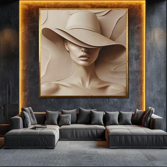 Monochrome Woman Wide Brim Hat Sculptural 3D Relief Neutral Wall Art