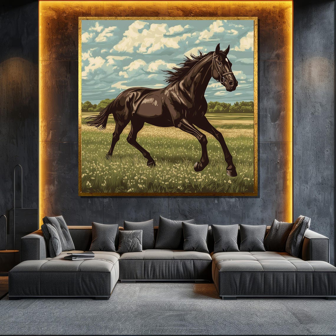 Dark Horse Running Meadow Majestic Equestrian Gallop Wall Art