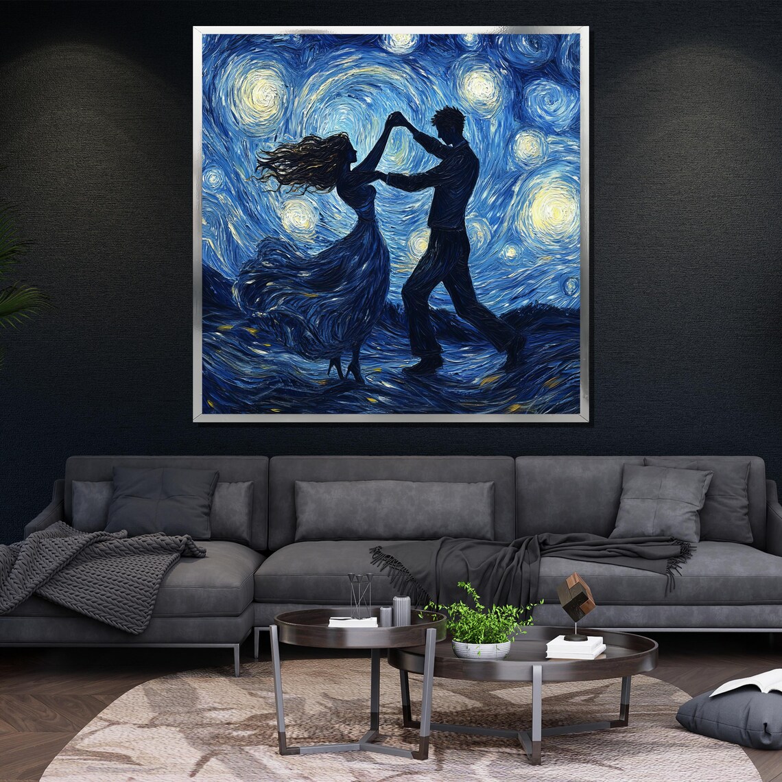 Starry Night Dancing Couple Silhouette Van Gogh Style Oil Painting Poster - Image 4