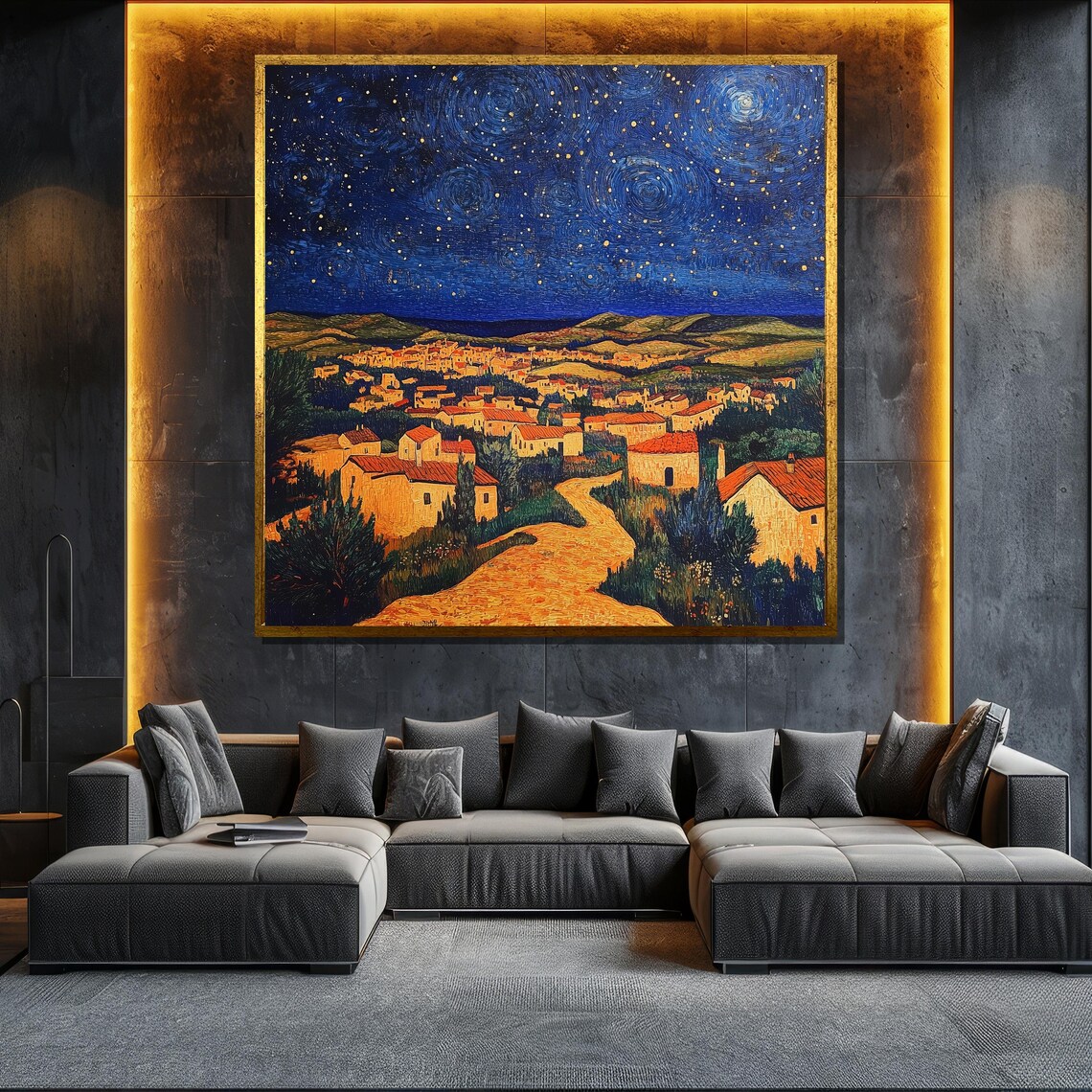 Starry Night Village Swirling Sky Van Gogh Inspired Night Poster