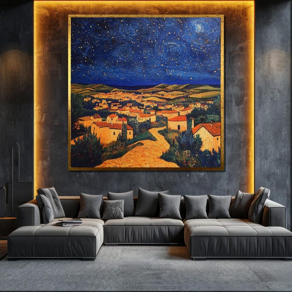 Starry Night Village Painting Van Gogh Inspired Wall Art For Living Room Decor Unique Gift Idea