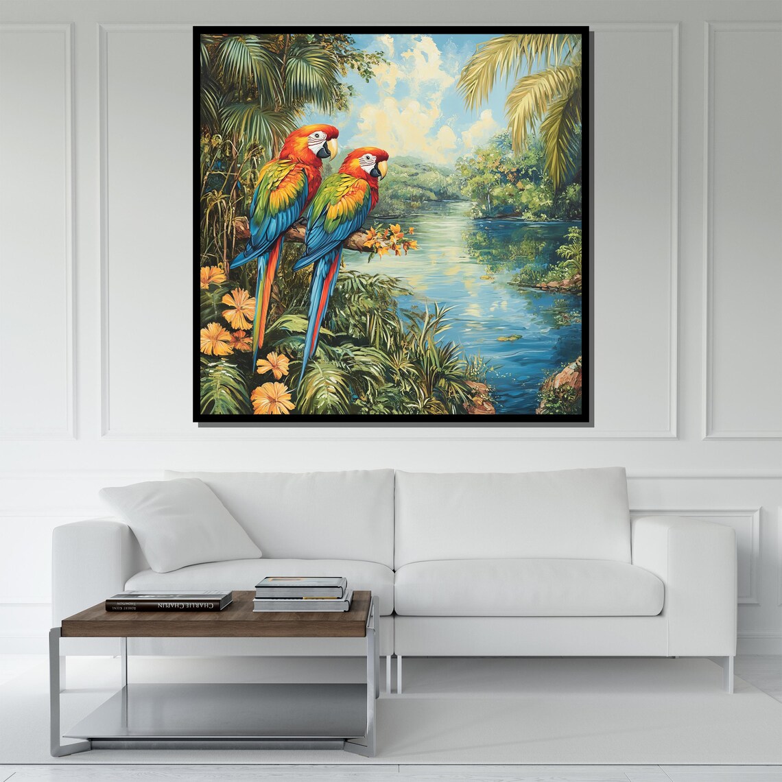 Scarlet Macaws By Tropical River Palm Jungle Painting Wildlife Poster - Image 5