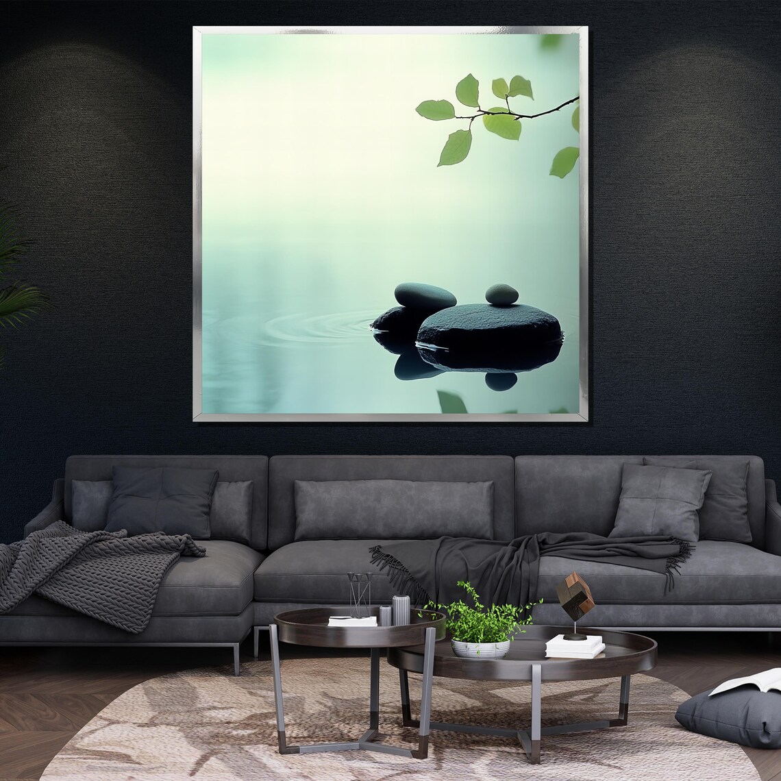 Minimalist Zen Stones Calm Water Green Branch Serene Nature Wall Poster - Image 4