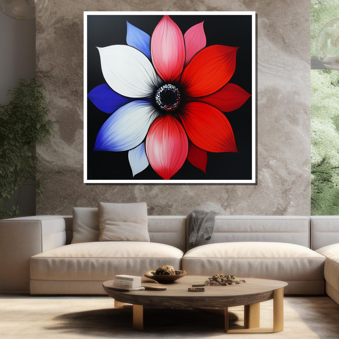 Bold Modern Red White And Blue Flower On Black Background Art Poster - Image 3