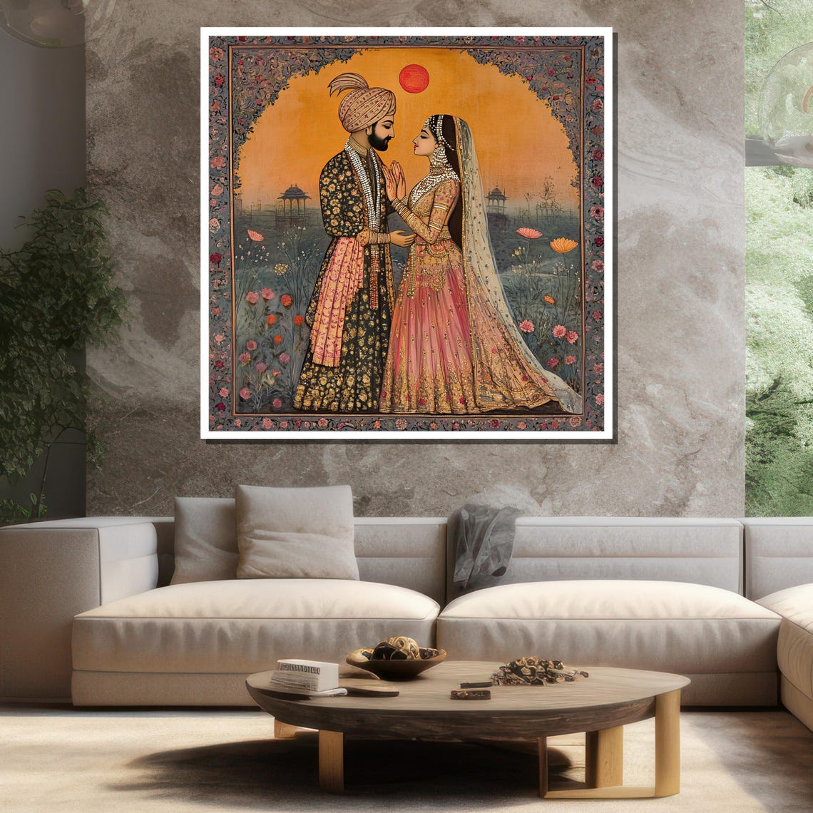 Romantic Indian Wedding Couple Mughal Style Sunset Garden Art Poster - Image 3