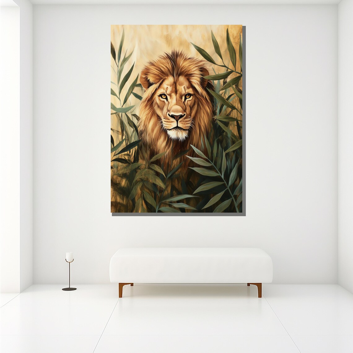 Lion Jungle Leaves Golden Regal Big Cat Face Portrait Wall Art - Image 2